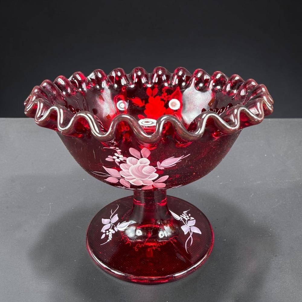 Fenton Ruby Red Glass Hand Painted Floral Compote Ruffled Pedestal Bowl Kim B 5"